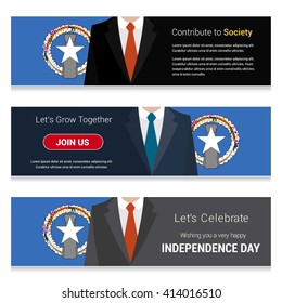 Business Man Standing Northern Mariana Islands country flag in Website banner. set with different text Contribute to Society.Let's grow Together. Happy Independence Day. Vector web banner illustration