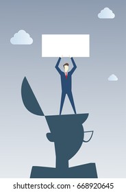 Business Man Standing On Big Businessman Head Holding Empty Banner Flat Vector Illustration