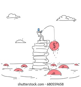 Business Man Standing On Books Stack Fishing Money Strategy Success Education Intelligence Concept Vector Illustration