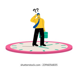 Un hombre de negocios de pie. Gestión del tiempo. Ilustración vectorial plana aislada en fondo blanco
