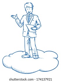 Business man standing on cloud with sheet of paper in hand while explaining something, cloud computing, hand drawn vector illustration