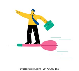 Business man standing on darts flying go to target goal. Flat vector illustration isolated on white background