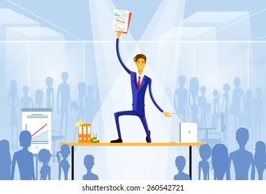 business man standing on desk with documents contract over group of businesspeople in office, leader success concept