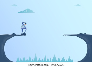 Business Man Standing On Edge Of Cliff Gap Problem Finance Bankruptcy Concept Flat Vector Illustration