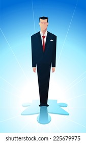 Business man standing on the final piece of a financial puzzle.