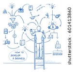 Business man standing on a ladder and sketching business process on the wall. Work flow chart of developing a company or launching product. Hand drawn line art cartoon vector illustration.