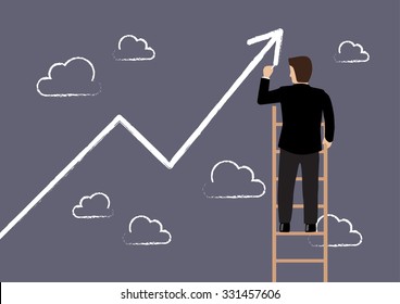 Business man standing on ladder drawing growth chart. Business concept
