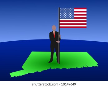 homem de negócios de pé no mapa de Connecticut com bandeira
