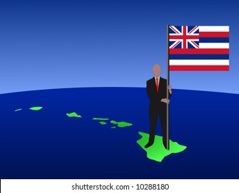 business man standing on map of Hawaii with flag