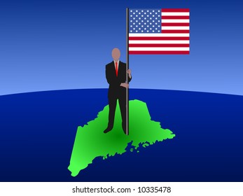 empresario parado en el mapa de Maine con bandera
