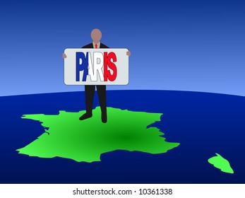 business man standing on map of France with Paris text sign