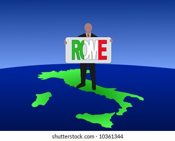 empresario parado en el mapa de Italia con signo de texto de Roma
