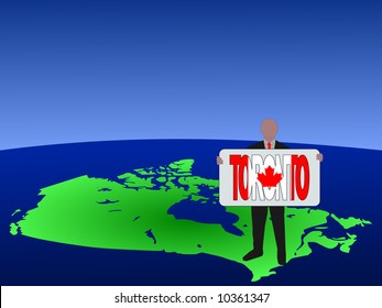 business man standing on map of Canada with Toronto text sign