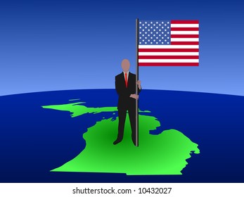empresario parado en el mapa de Michigan con bandera