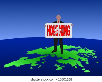 business man standing on map of Hong Kong with sign