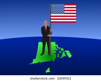 hombre de negocios parado en el mapa de la isla Rhode con bandera
