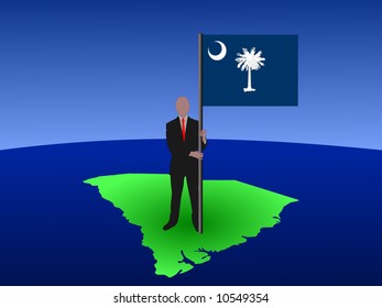 business man standing on map of South Carolina with flag