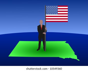 business man standing on map of South Dakota with flag