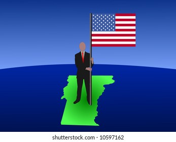 empresario parado en el mapa de Vermont con bandera