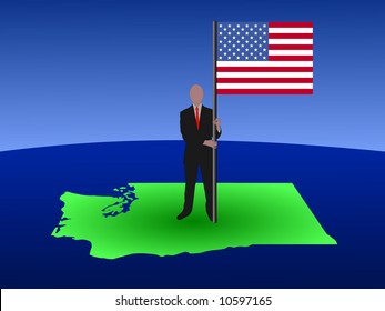Geschäftsmann auf der Karte von Washington mit Flagge