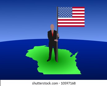 empresario parado en el mapa de Wisconsin con bandera