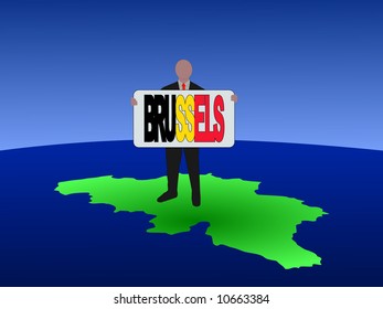 hombre de negocios parado en el mapa de Bélgica con signo de texto de Bruselas