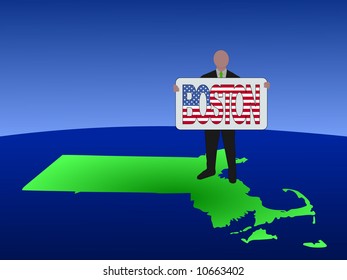 business man standing on map of Massachusetts with Boston text sign