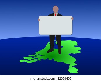 business man standing on map of Netherlands with blank sign