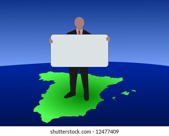 empresario parado en el mapa de España con signo en blanco