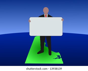 business man standing on map of Delaware with blank sign