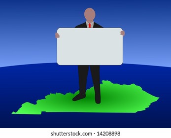 empresario parado en el mapa de Kentucky con signo en blanco