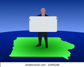 Geschäftsmann auf der Karte von Iowa mit Leerzeichen
