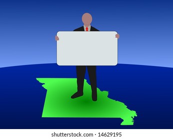 business man standing on map of missouri with blank sign