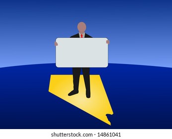 business man standing on map of Nevada with blank sign