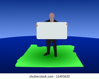 homem de negócios de pé no mapa de Oregon com placa em branco