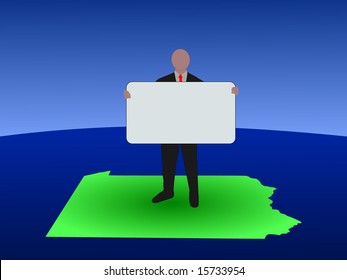 business man standing on map of Pennsylvania with blank sign