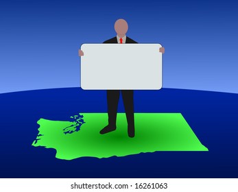 business man standing on map of Washington with blank sign