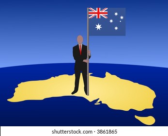 empresario parado en el mapa de Australia con bandera
