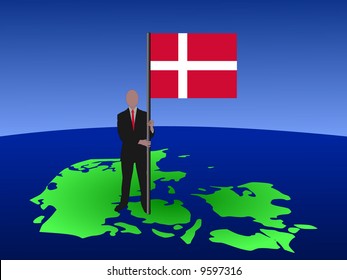 business man standing on map of Denmark with flag