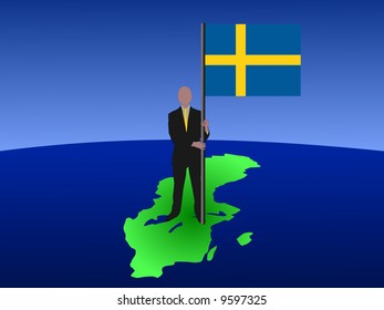 Geschäftsmann, der auf der Karte des Schweden mit Flagge steht