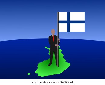 Geschäftsmann, der auf der Karte von Finland mit Flagge steht