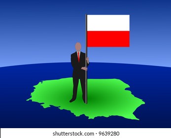 business man standing on map of Poland with flag