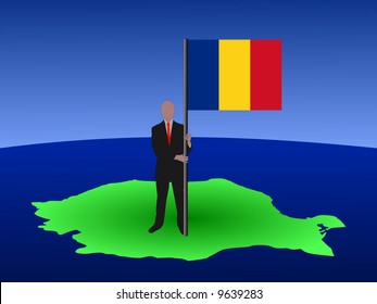 empresario parado en el mapa de Rumania con bandera