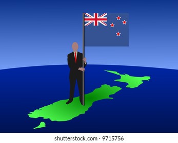 business man standing on map of New zealand with flag