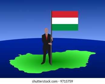 hombre de negocios parado en el mapa de Hungría con bandera