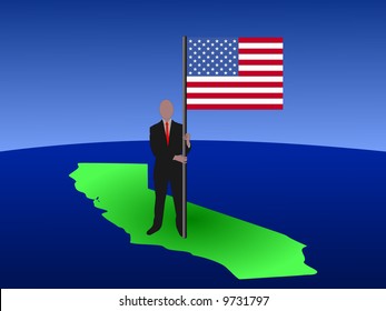 hombre de negocios parado en el mapa de Florida con bandera