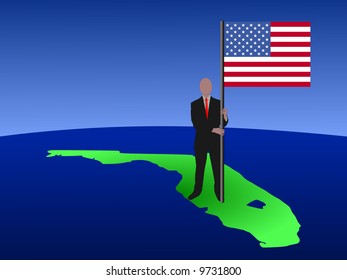 business man standing on map of Florida with flag
