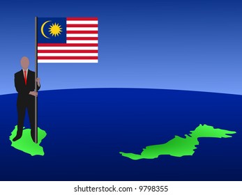 empresario parado en el mapa de Malasia con bandera