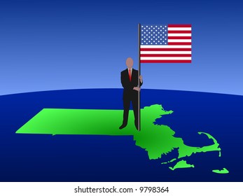business man standing on map of Massachusetts with flag