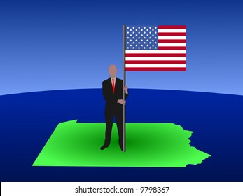 business man standing on map of Pennsylvania with flag